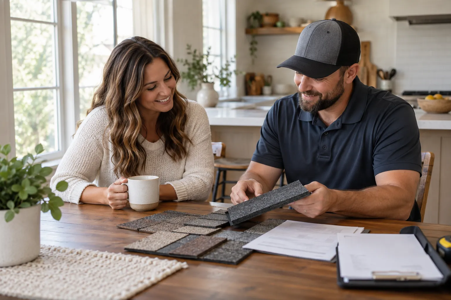 A homeowner reviewing a written roofing quote with a local provider
